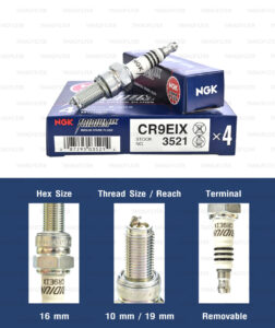 หัวเทียน NGK CR9EIX ขั้ว Iridium ใช้สำหรับ Benelli TNT300-600, Kawasaki Z800, Suzuki GSX750, Yamaha YZF-R15 ตัวเก่า, Mslaz - Made in Japan