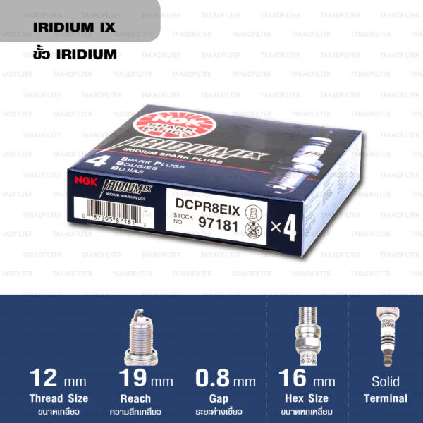 หัวเทียน NGK DCPR8EIX ขั้ว Iridium ใช้สำหรับ Ducati M795, M796 (1 หัว) (solid terminal)