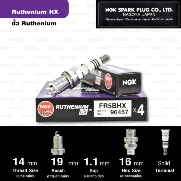 NGK หัวเทียน Ruthenium HX ขั้ว Ruthenium FR5BHX ( ใช้อัพเกรด ZFR5FIX-11 ตรงรุ่น ) ใช้สำหรับรถ Honda Accord ปีเก่า , Mazda 323 Protégé, Ford Laser Tierra - Made in Japan