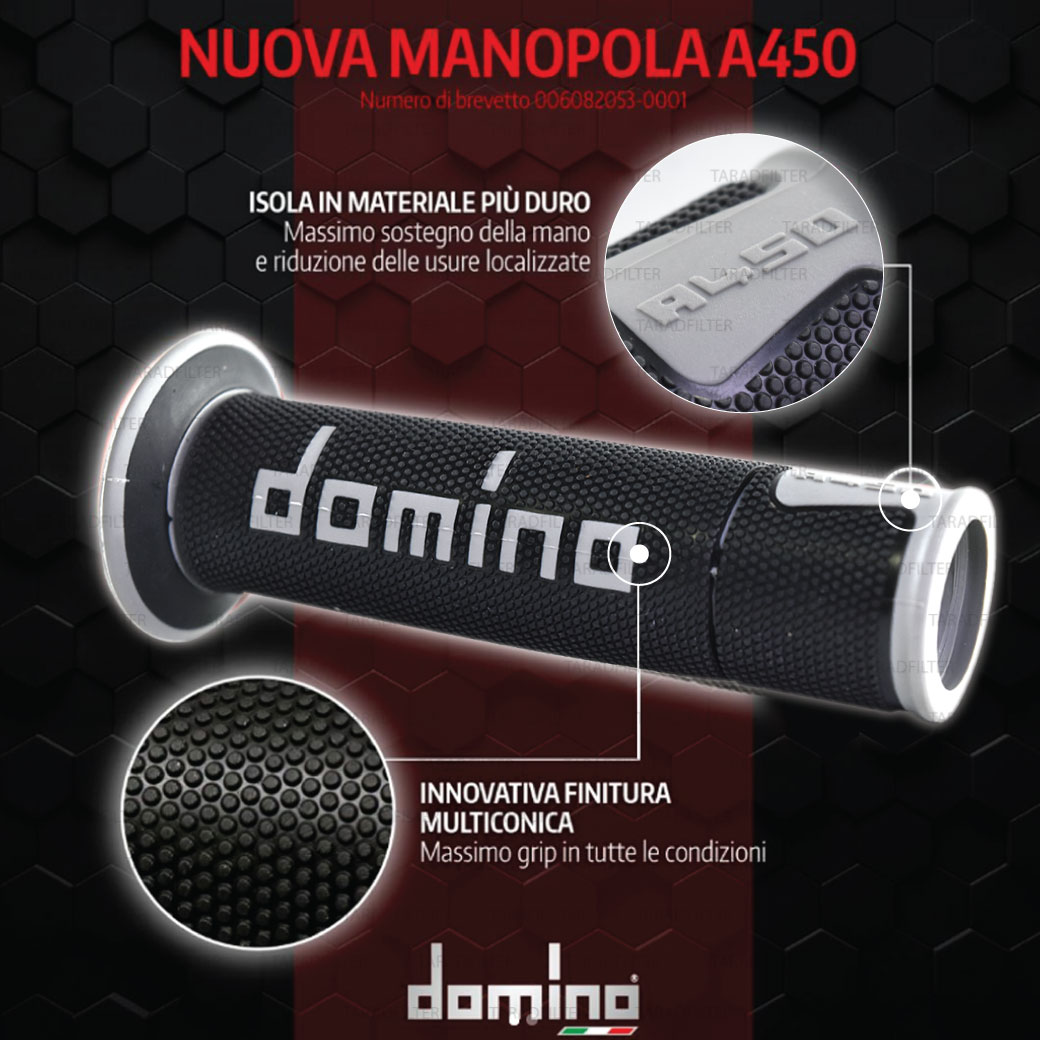 DOMINO MANOPOLE GRIP ปลอกแฮนด์ รุ่น A450 รุ่นใหม่ล่าสุด สีดำ-เทา ใช้สำหรับรถมอเตอร์ไซค์ [ 1 คู่ ]