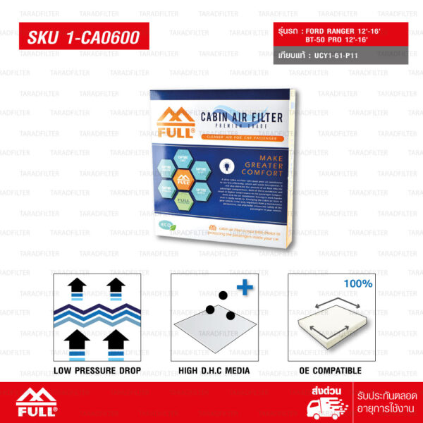 FULL กรองแอร์ กรองอากาศในห้องโดยสาร CABIN AIR FILTER ใช้สำหรับ MAZDA BT50-PRO 2012 / FORD RANGER, EVEREST 2012 [1-CA0600]