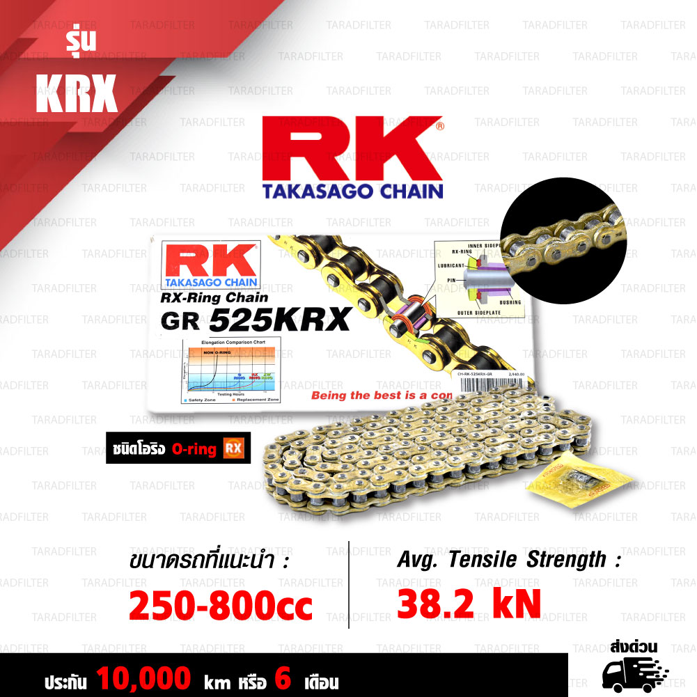 RK TAKASAGO CHAIN โซ่มอเตอร์ไซค์ [ รุ่น 525KRX ] RX-Ring ขนาด 525-120 ข้อ ข้อต่อหมุดย้ำ สีทอง (FULL GOLD) [520KRX FULL GOLD]