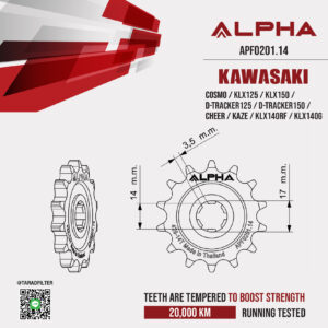 ALPHA SPROCKET สเตอร์หน้า 14 ฟัน (428) สีดำ ใช้สำหรับมอเตอร์ไซค์ Kawasaki Cosmo / KLX125 / KLX150 / D-tracker125 / D-Tracker150 / Cheer / Kaze [ APF0201.14 ]