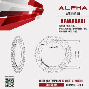 ALPHA SPROCKET สเตอร์หลัง 40 ฟัน (428) สีดำ ใช้สำหรับมอเตอร์ไซค์ Kawasaki KLX125 / KLX150 / D-tracker125 / D-Tracker150 [ APR1109.40 ]