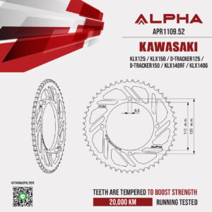 ALPHA SPROCKET สเตอร์หลัง 52 ฟัน (428) สีดำ ใช้สำหรับมอเตอร์ไซค์ Kawasaki KLX125 / KLX150 / D-tracker125 / D-Tracker150 [ APR1109.52 ]