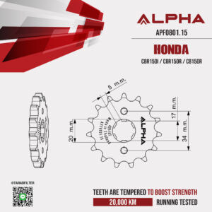 ALPHA SPROCKET สเตอร์หน้า 15 ฟัน (428) ใช้สำหรับมอเตอร์ไซค์ Honda CBR150i / CBR150R / CB150R [ APF0801.15 ]