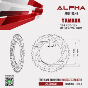 ALPHA SPROCKET สเตอร์หลัง 46 ฟัน (428) สีดำ ใช้สำหรับมอเตอร์ไซค์ Yamaha YZF-R15 ('17-'22) / MT-15 ('18-'22) / XSR155 [ APR1140.46 ]