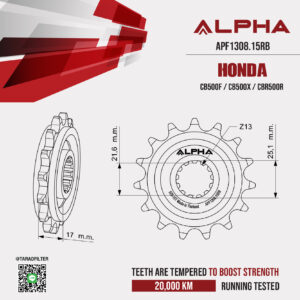 ALPHA SPROCKET สเตอร์หน้า 15 ฟัน มียาง ใช้สำหรับ Honda CB500F / CB500X / CBR500R [ APF1308.15RB ]
