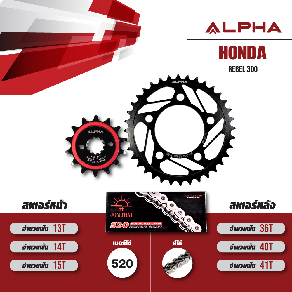 ALPHA SPROCKET ชุดโซ่สเตอร์ โซ่ JOMTHAI Heavy Duty สีเหล็ก เปลี่ยน HONDA Rebel300 / CMX300 [14/36]