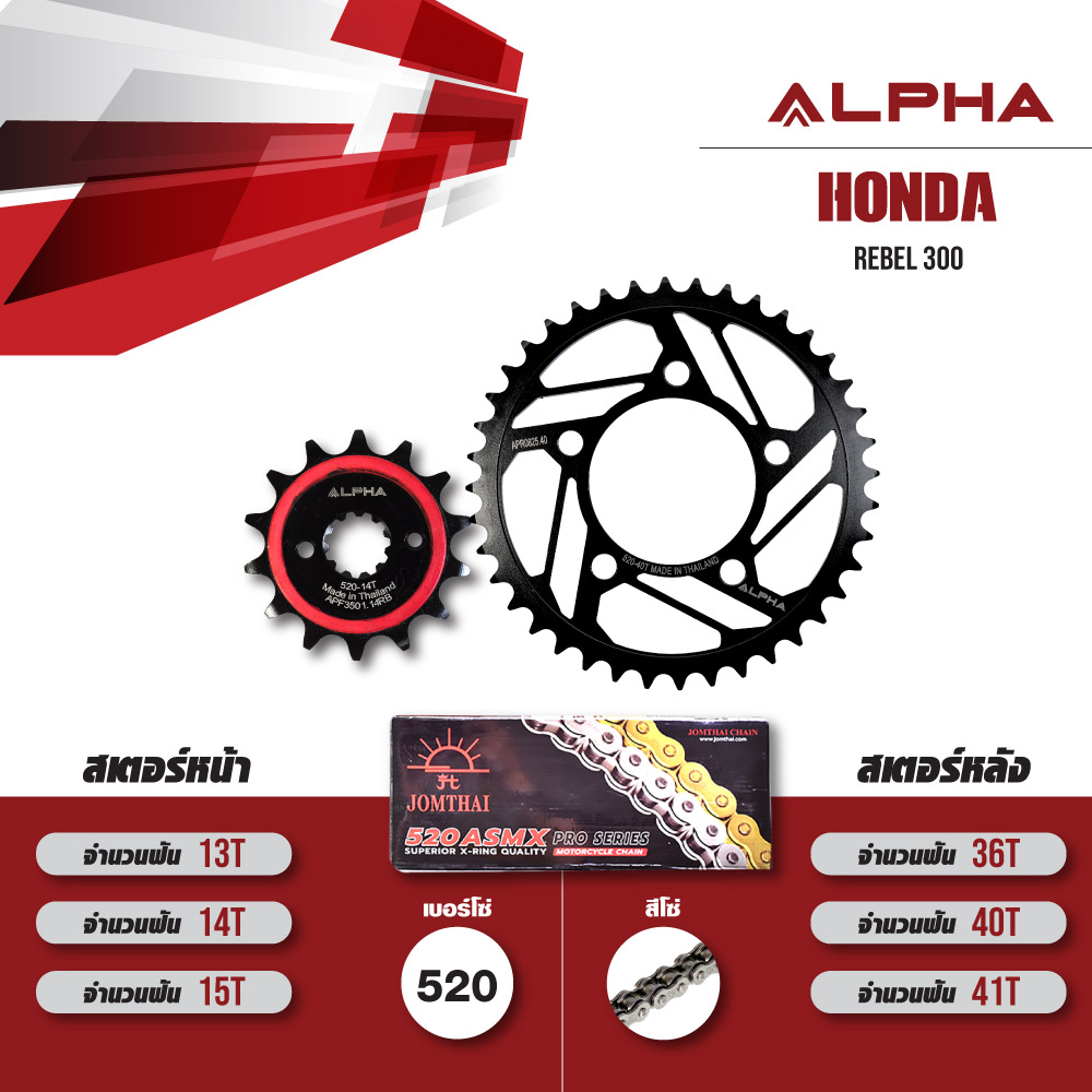 ALPHA SPROCKET ชุดโซ่สเตอร์ โซ่ JOMTHAI X-ring สีเหล็ก เปลี่ยน HONDA Rebel300 / CMX300 [14/36]