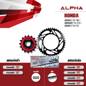 ALPHA SPROCKET ชุดโซ่สเตอร์ โซ่ D.I.D VDS 520 สีเหล็ก เปลี่ยน Honda CB500X ('13-'18) / CBR500R ('13-'21) / CB500F ('13-'21) [15/41]