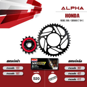 ALPHA SPROCKET ชุดโซ่สเตอร์ โซ่ RK KRO 520 สีเหล็ก เปลี่ยน Honda Rebel 500 / CB500X ('19) [15/41]