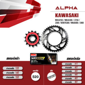 ALPHA ชุดโซ่สเตอร์ เปลี่ยน Kawasaki Ninja250 / Ninja300 / Z250 / Z300 / Versys300 / Ninja400 / Z400 โซ่ RK KRO2 สีเหล็ก