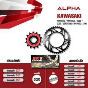 ALPHA ชุดโซ่สเตอร์ เปลี่ยน Kawasaki Ninja250 / Ninja300 / Z250 / Z300 / Versys300 / Ninja400 / Z400 โซ่ EK SRO6 สีเหล็ก