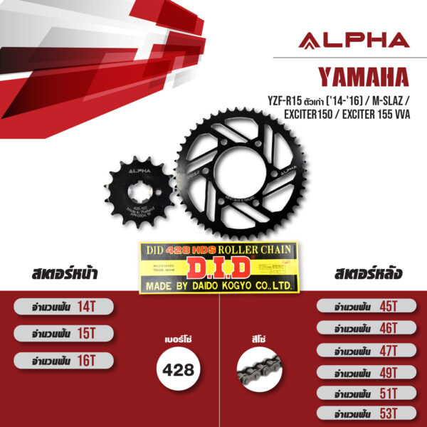 ALPHA ชุดโซ่สเตอร์ เปลี่ยน Yamaha YZF-R15 ตัวเก่า ('14-'16) / M-slaz / Exciter150 / Exciter155 vva โซ่ D.I.D 428 HDS สีเหล็ก [15/47]
