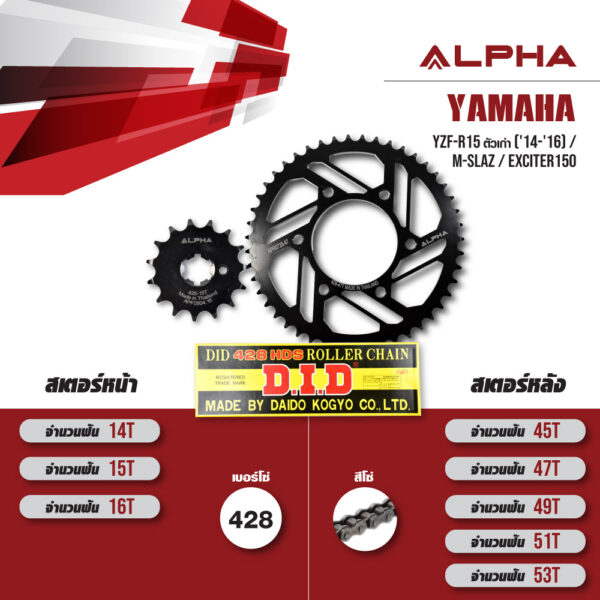 ALPHA ชุดโซ่สเตอร์ เปลี่ยน Yamaha YZF-R15 ตัวเก่า ('14-'16) / M-slaz / Exciter150 โซ่ D.I.D 428 HDS สีเหล็ก [15/47]