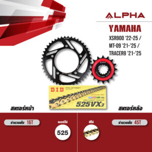 ชุดโซ่สเตอร์ ALPHA เปลี่ยน Yamaha XSR900 '22-25 / MT-09 '21-'25 / Tracer9 '21-'25 โซ่ D.I.D VX3 สีทอง [ 16/45 ]